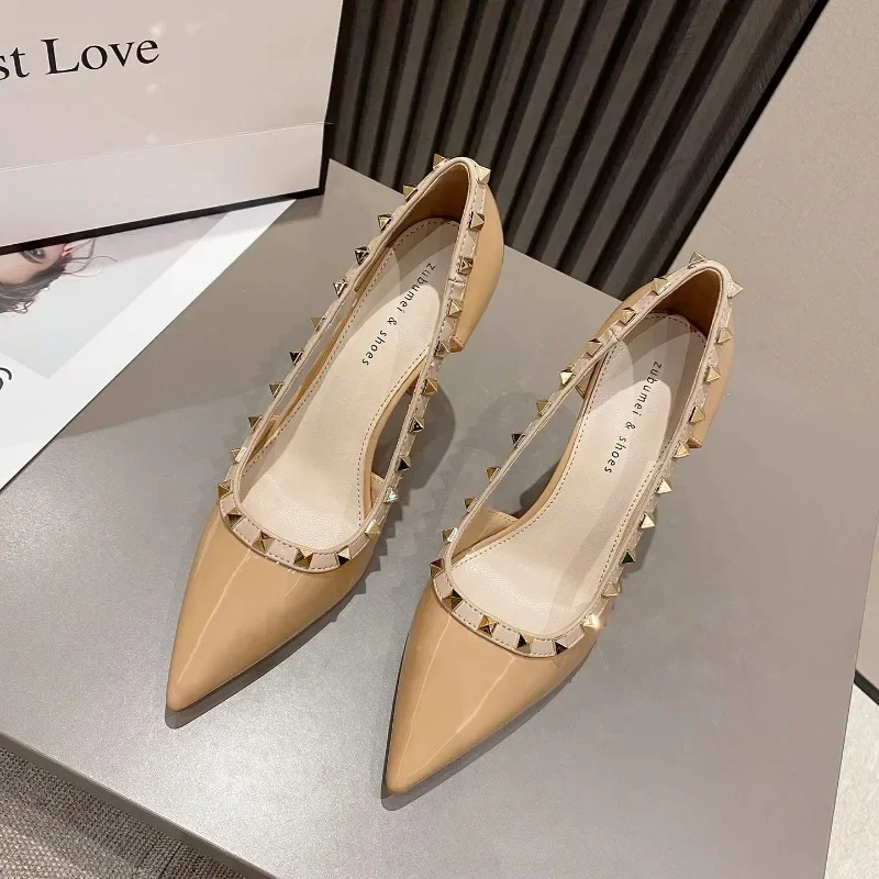 

New Fashion Pointed Toe Pumps Leather Sexy Thin High Heels with Rivet Party for Women Shoes 39