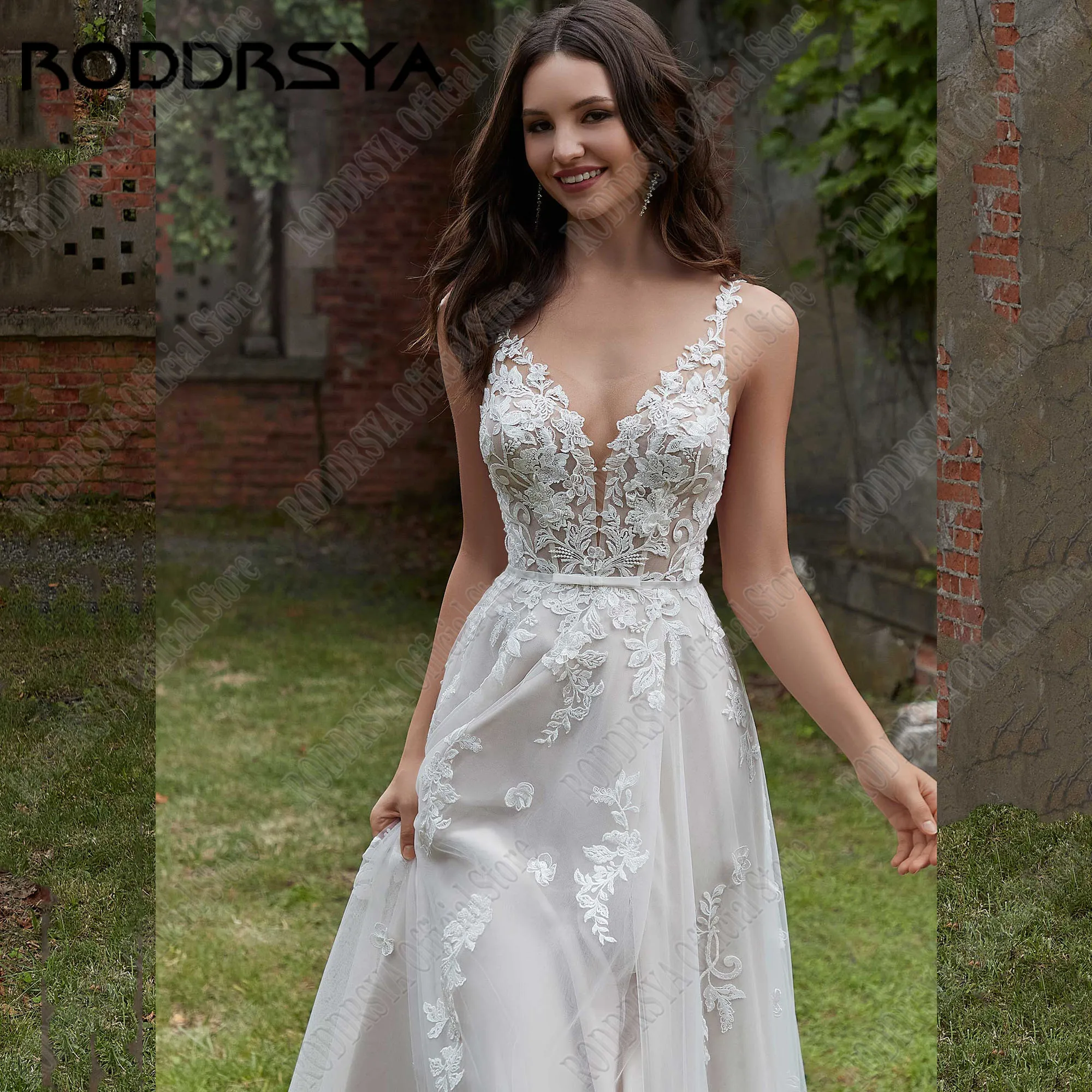 RODDRSYA-vestido De Novia De encaje bohemio, traje con tirantes finos, cuello en V, Espalda descubierta, apliques De Novia, corte en a lateralVestido de novia de encaje bohemio roddrsya correa de pasta de cuello V calc