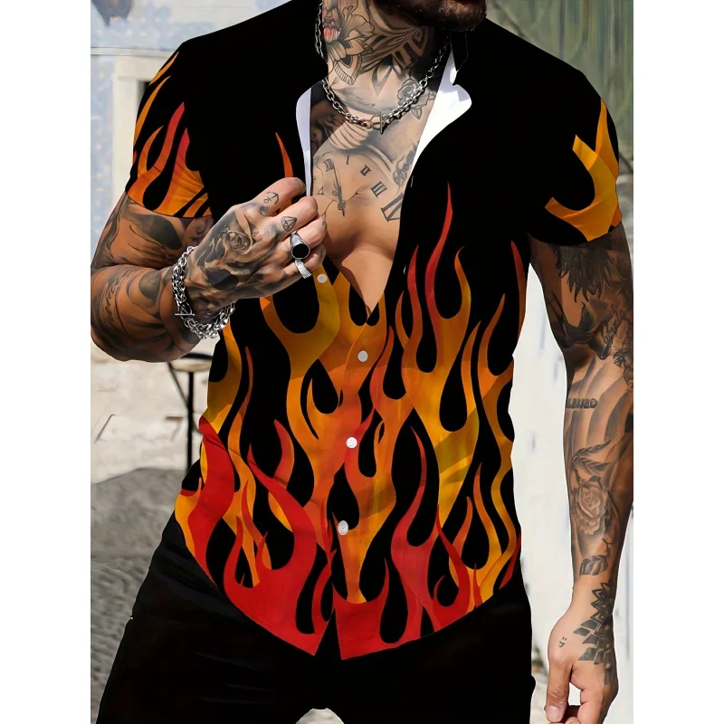 

Men 3D Flame Print Short Sleeve Button Shirt - Black，Featuring vibrant orange and yellow flame designs，Casual Summer Style