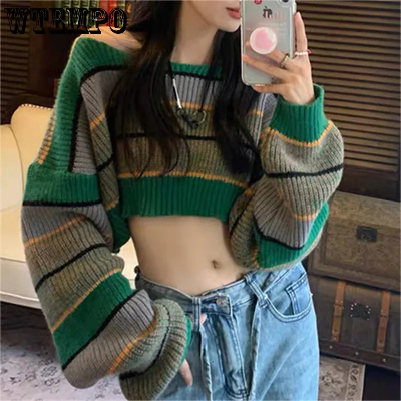 WTEMPO Women\'s Long Sleeve Knitwear Ladies Crop Sweater Striped Knitted Coat Fashion Sexy Short Colorblock Pullover Jumpers