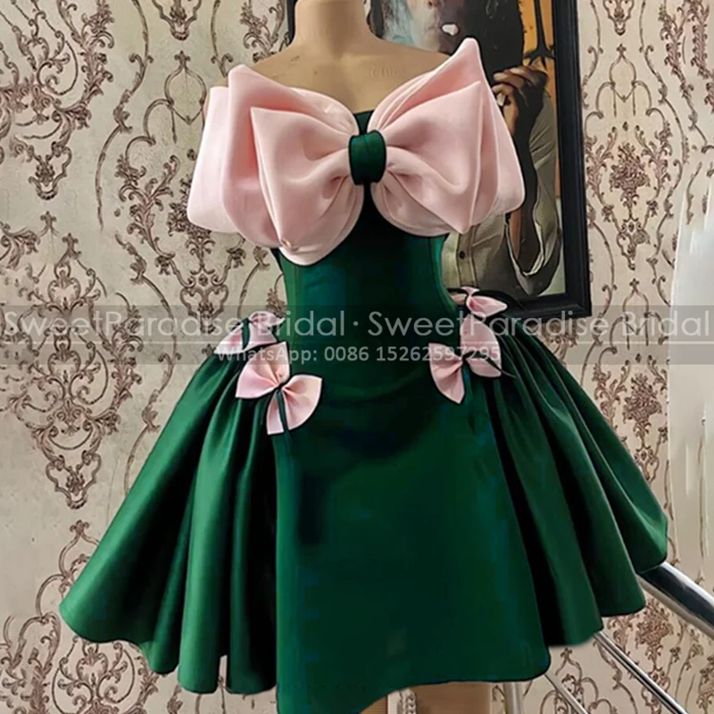 Vestidos de fiesta cortos verdes Puffy A Line Bows sin tirantes sin mangas Mini vestido de fiesta de noche personalizado para mujer