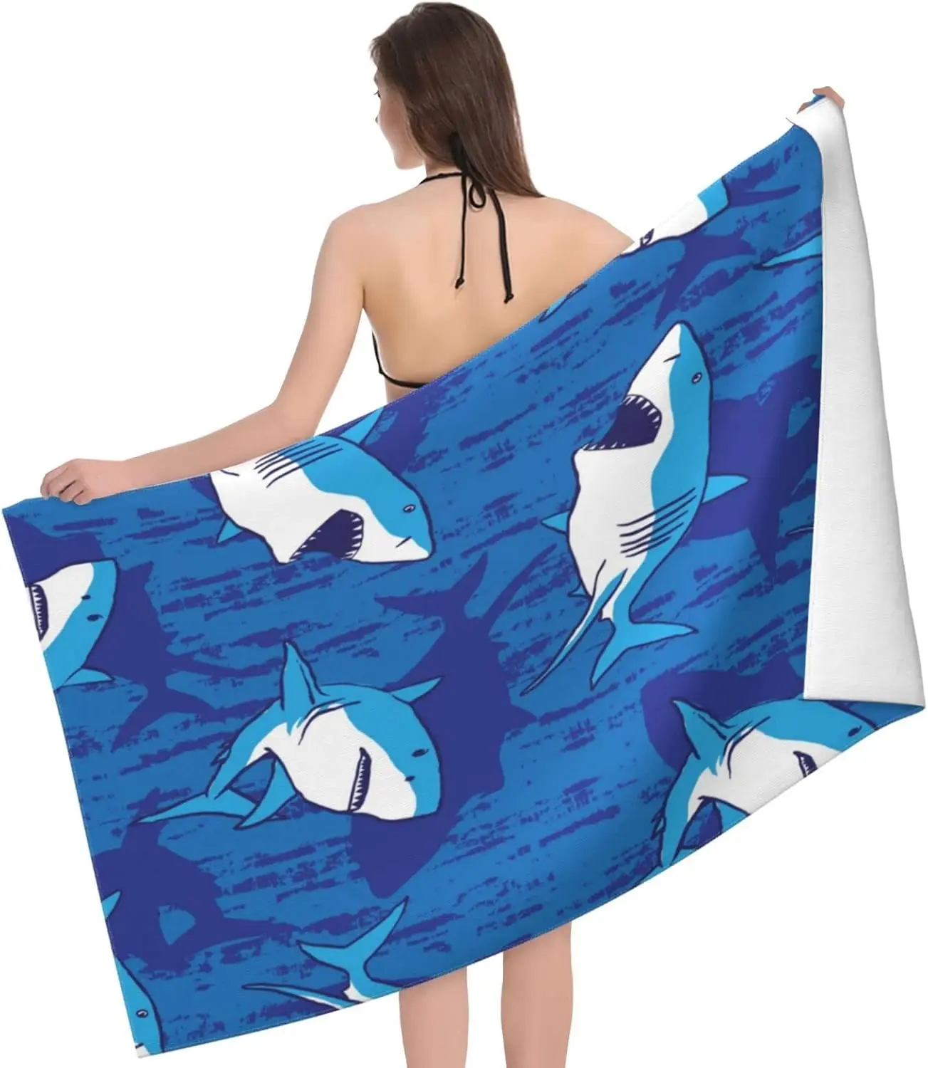 Blue Shark Beach Towel 31.5x63 Inch Ocean Sea Animal Pattern Microfiber Soft Quick Dry Bath Towel for Swimming Pool Summer