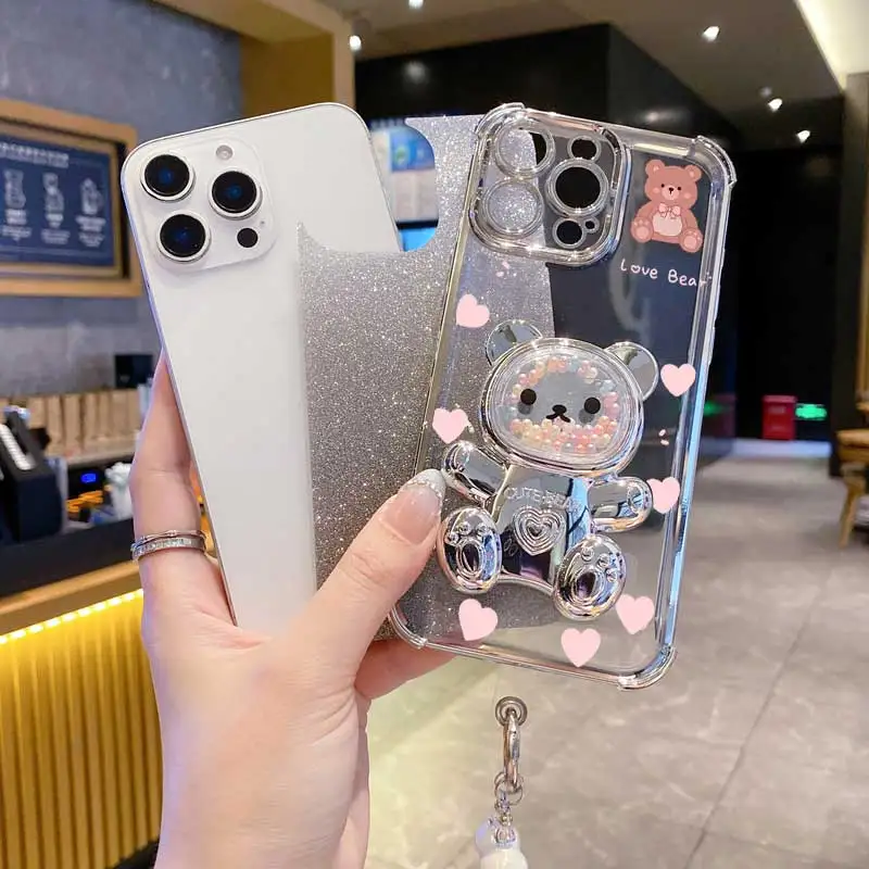 A 53 33 73 Pearl Strap Glitter Teddy bear Phone Holder Case On For Samsung Galaxy A32 A33 A52 A53 A73 A51 A23 4G 5G Stand Cover view 4