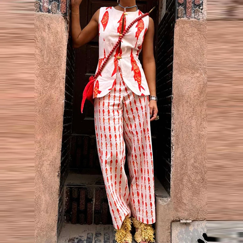 

Summer New Animal Printed Slim Two Piece Sets Fashion Sleeveless O Neck Vest+Straight Pants Sets Leisure Contrast Color Outfits