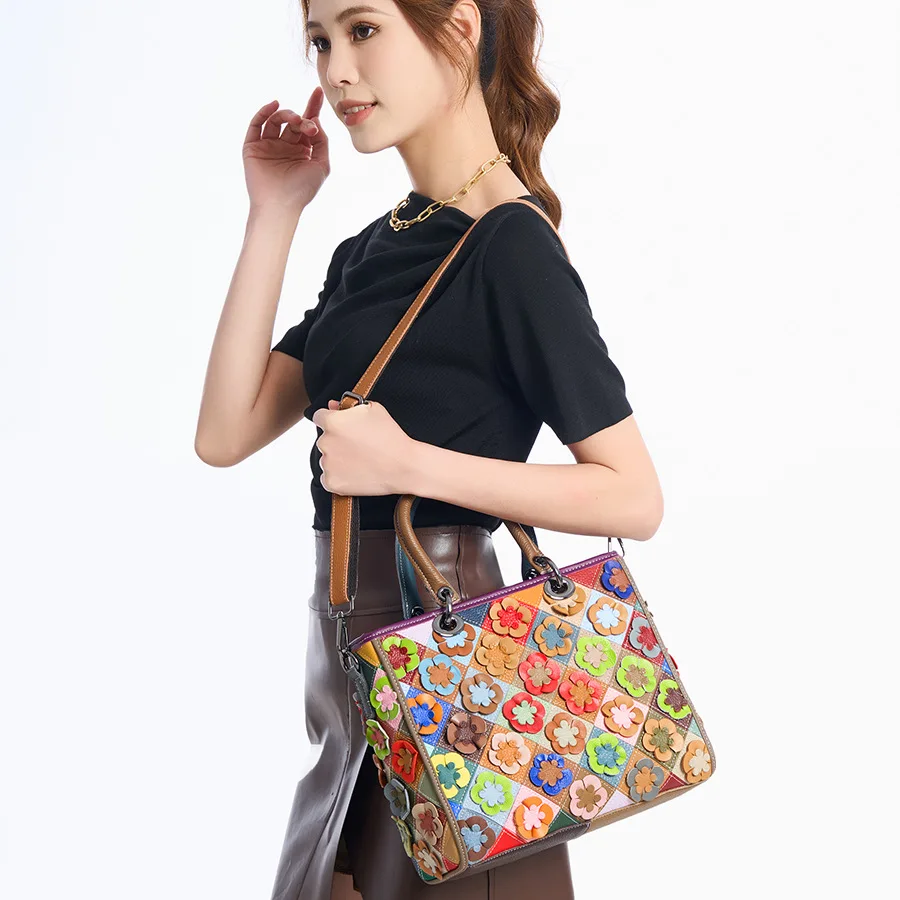 

Luxury Fashion Genuine Leather Women Handbags ladies Shoulder Crossbody Bag Patchwork Flower Shoulder Messenger Bag 2025 New