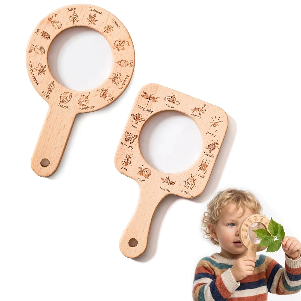 Wooden Magnifying Glass for Kids Observe Nature Insects and Leaves Smooth Surface Outdoor Exploration STEM Learning Gift Toys