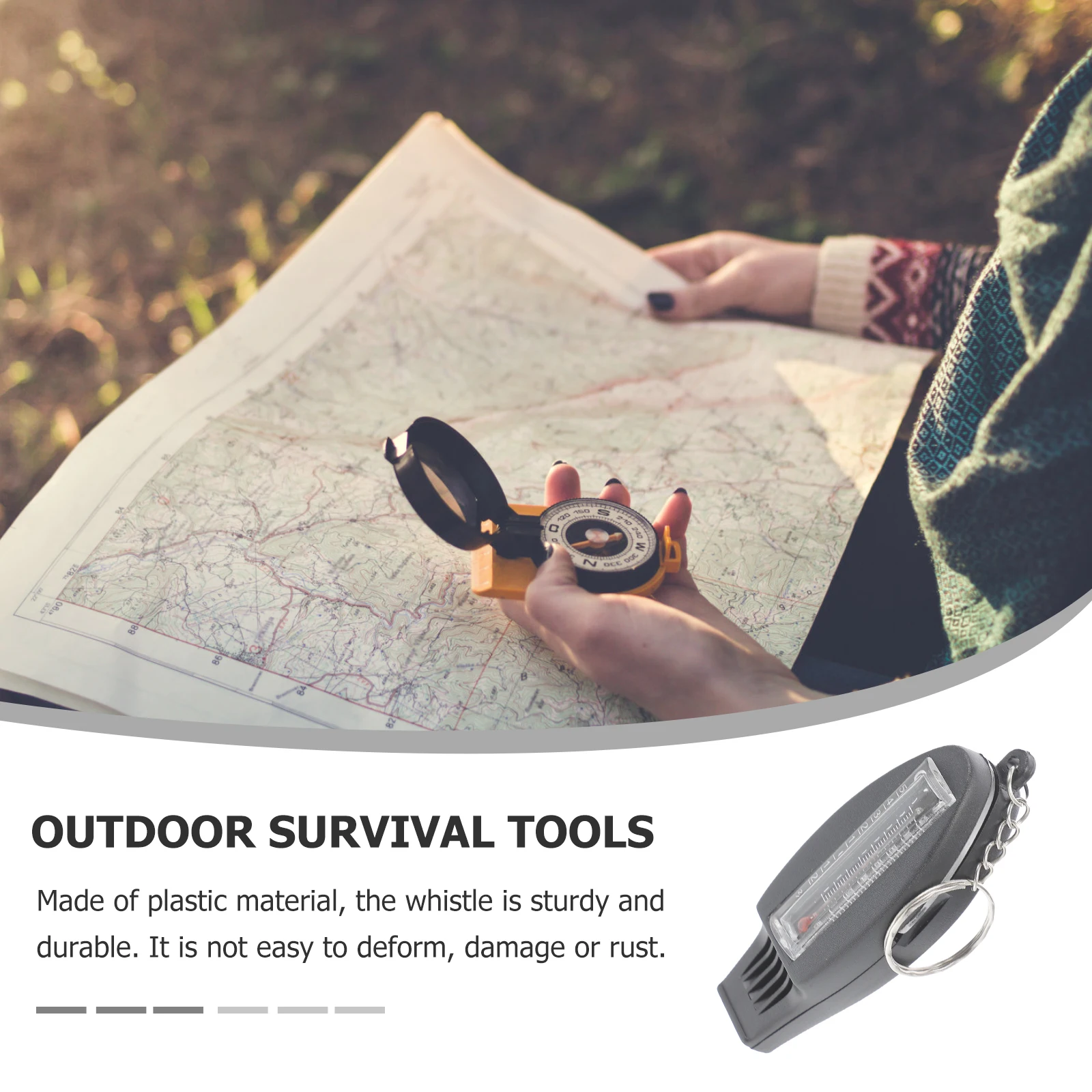 

Plastic Multi-Functional Survival Whistle Compass Thermometer Magnifying Glass Emergency Outdoor Camping Keychain Hiking