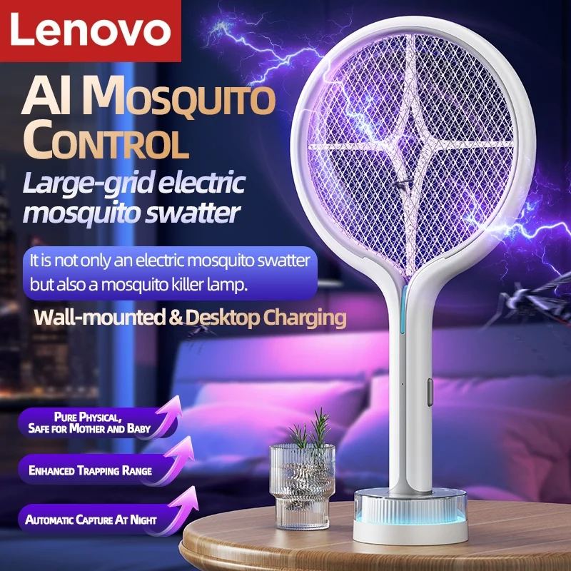 Lampe anti-moustiques Lenovo 2-en-1, raquette électrique anti-moustiques rechargeable, attracteur automatique de moustiques, murale/de bureau