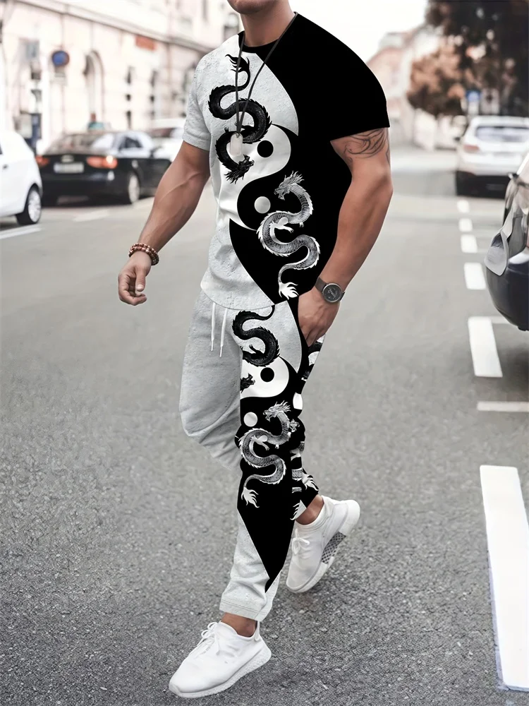 

Trendy Tai Chi Dragon Pattern 3D Printed Men's Autumn Street Fashion Long Pants Set, Simple And Casual Men's Autumn 2pcs Set