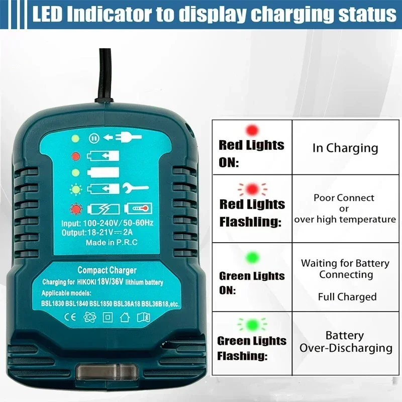 100V-240V Portable Li-ion Battery Mini Compact Charger for HIKOKI 18V 36V Lithium Battery Replacement for HIKOKI Battery Charger