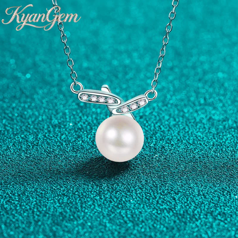 

KyanGem 18K GoldS Moissanite Pearl Necklace Passepartout Perfect Round Pendant Elegant Temperament PT950 Platinum Chain