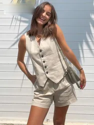 Women Vintage Fashion Shorts Set Casual Solid White Sleeveless Vest+Pockets Pants Female Two Pieces Set Street Roupa De Mujer