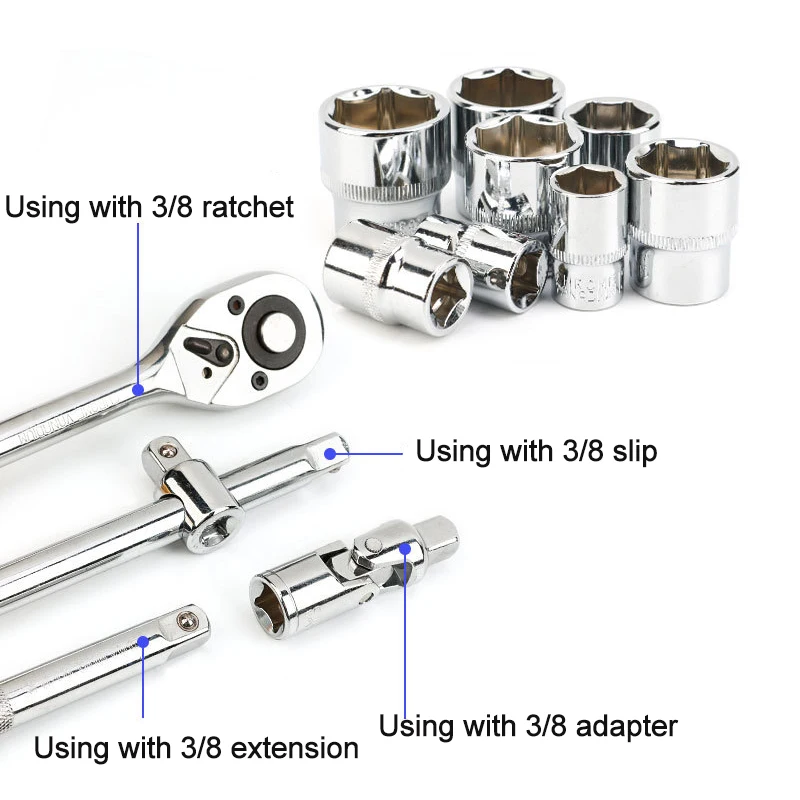 3/8 Socket Head Wrench Set For Ratchet 8 to 24mm Hexagon Short Spanner Heads Key Tool Auto Repair Hex Nut Removing Tools