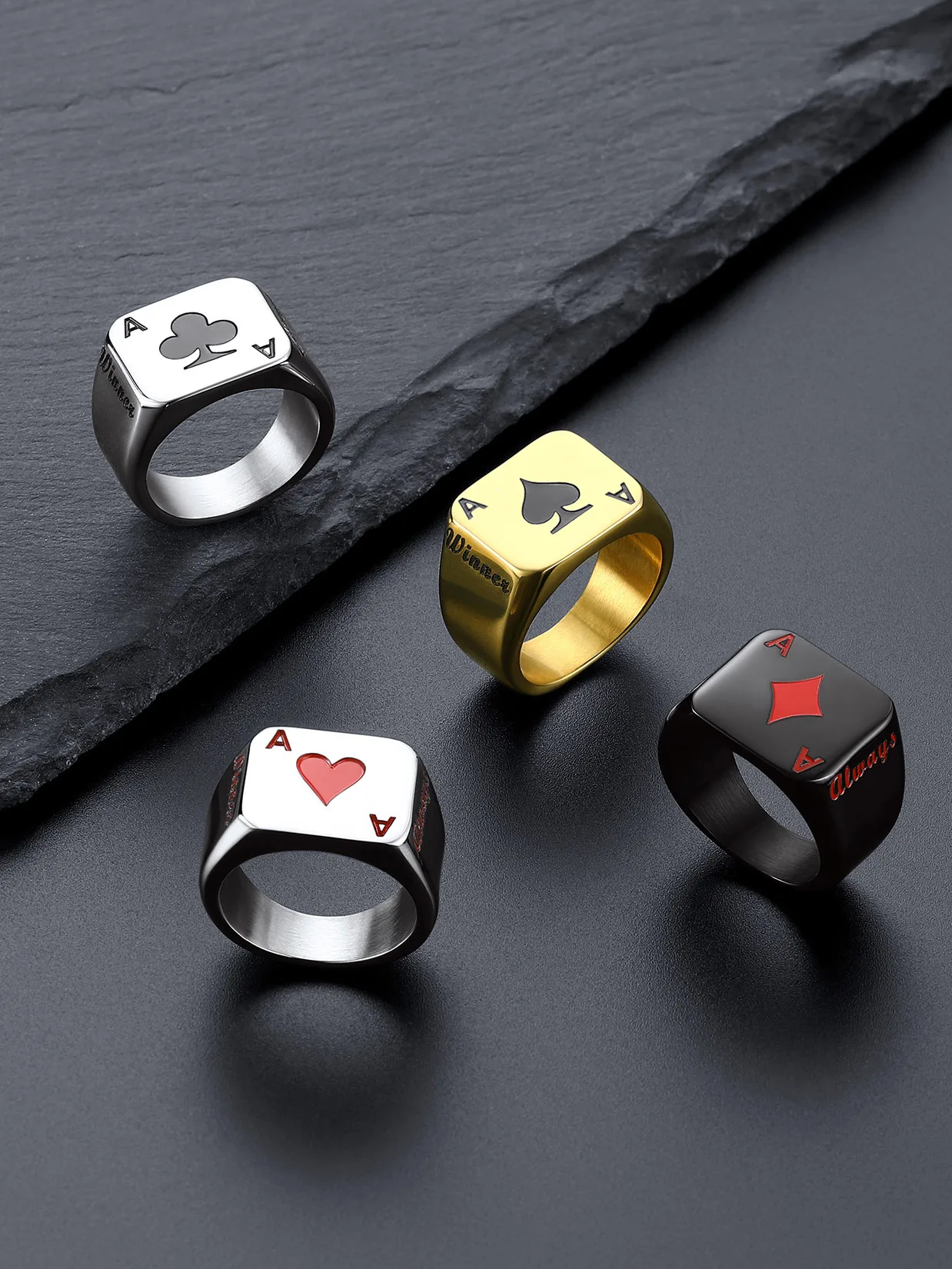 U7 Customized Square Rectangle Stainless Steel Poker Cards Rings for Man Black Laser Engraved Signet Rings Custom Jewelry Gift view 6