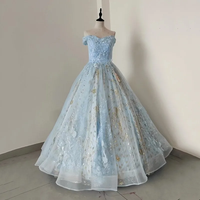 2026 New Women's Summer Light Blue Lace Embroidered Banquet Dress Shining Sequins Puff Skirt Evening Ball Gown For Prom Events