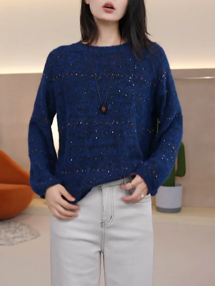 

Новинка! Женский трикотажный топ Ele Blue с пайетками, круглым вырезом, длинным рукавом, больших размеров, универсальный, класса люкс, осень 2025