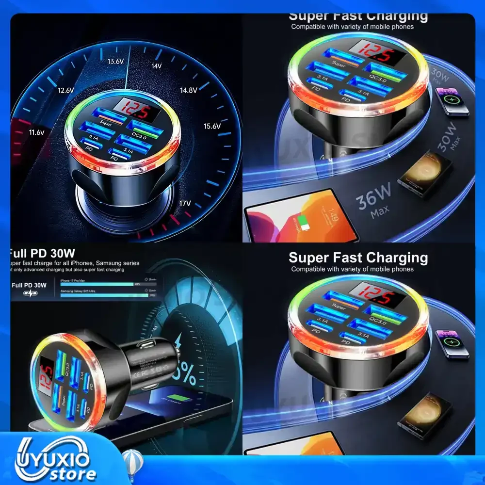UYUXIO Fast Charging Car Charger Dual USB Port 250W Super Quick for iPhone iPad Samsung Oneplus OPPO Vivo Huawei Android