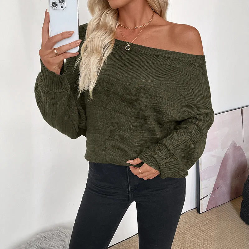 2025 Autumn Winter New Casual Light Mature Style Loose Horizontal Striped One-shoulder Green Sweater for Women