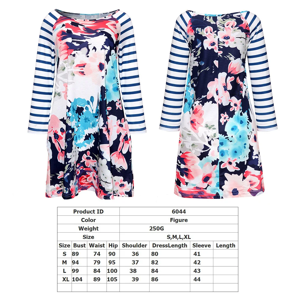 Femmes fille col rond épissage Foral rayure Mini robe poche latérale robe à manches longues