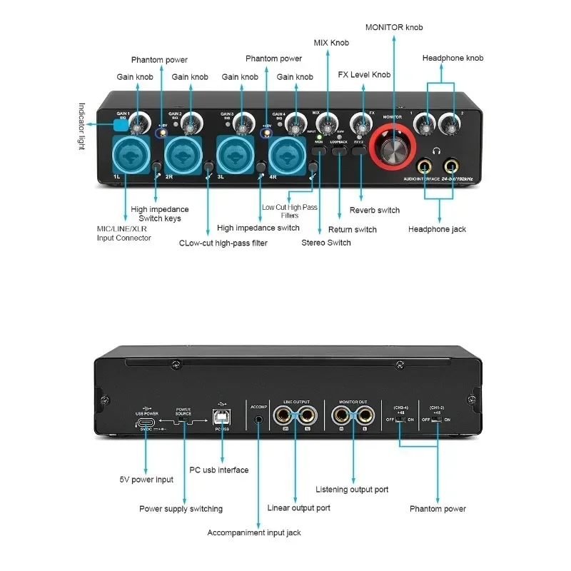 4 Channels Recording Sound Card with Driver Free Audio Interface 4-in 4-out USB Sound Card 24 bit/192khz 48V Phantom Power