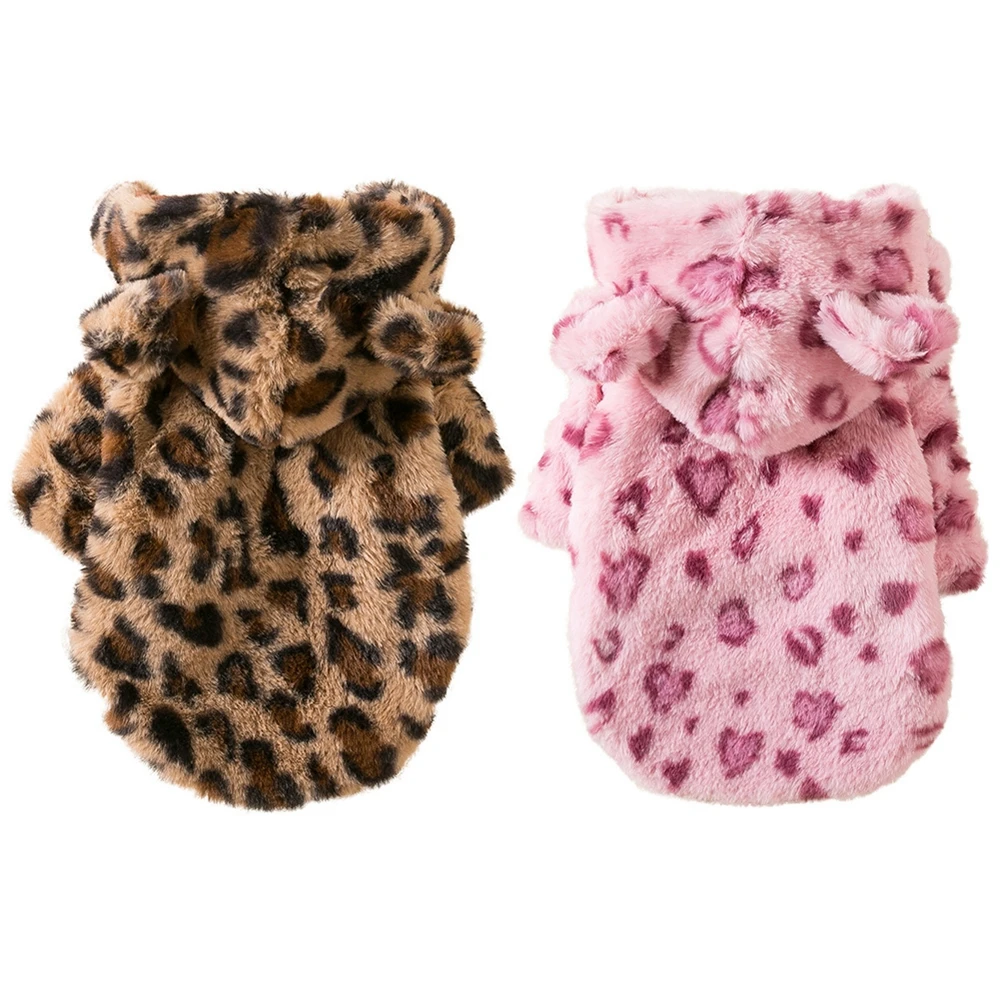 Leoparden-Hunde-Kapuzenmantel, dicke Winterjacke, Thermo-Welpen-Outfit, modische Haustierkleidung für kleine Hunde, warme Fleece-Bekleidung