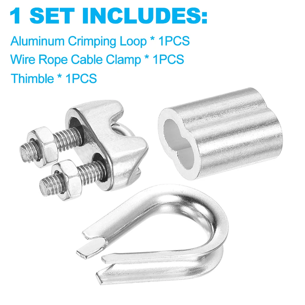 M2-M6 304 Stainless Steel Cable Clamp Kit with U-shaped Cable Clamp Chicken Heart Ring Aluminum Sleeve for Wire Rope Suspension