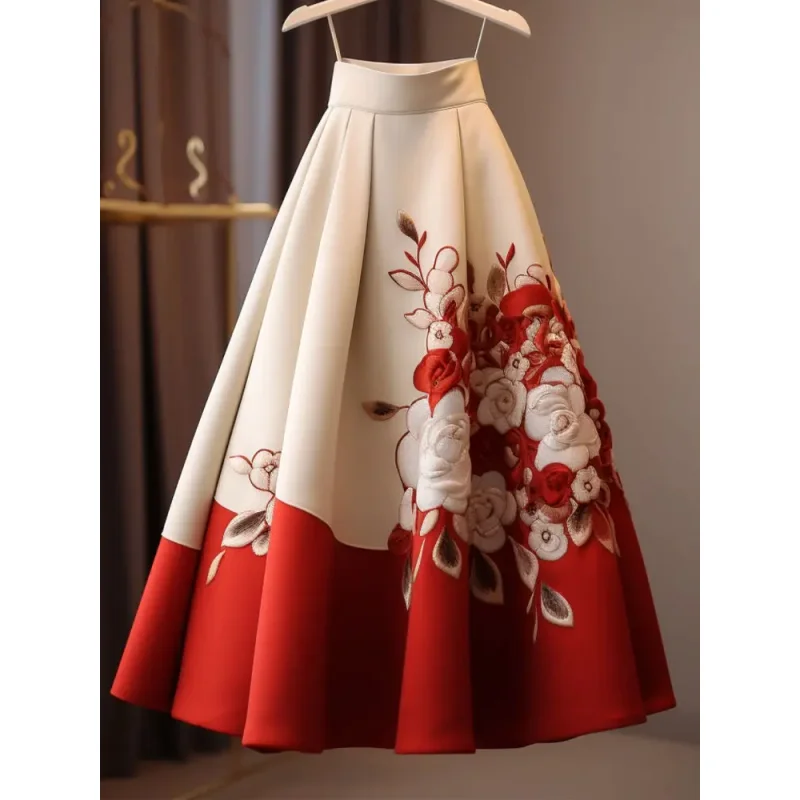 

Vintage Red Flower Print Skirt for Women Y2k Slim Waist Mid-length Loose Faldas Mujer 2025 Spring New Skirt for Women