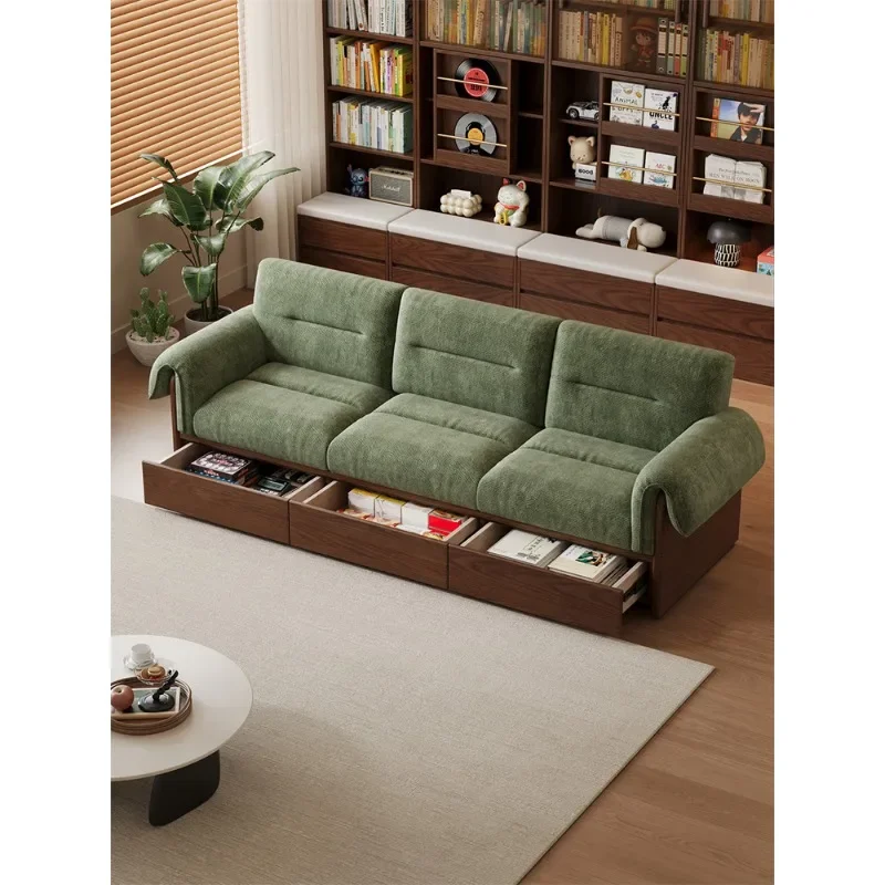 Simple retro living room drawer storage winter and summer dual-purpose straight row fabric sofa