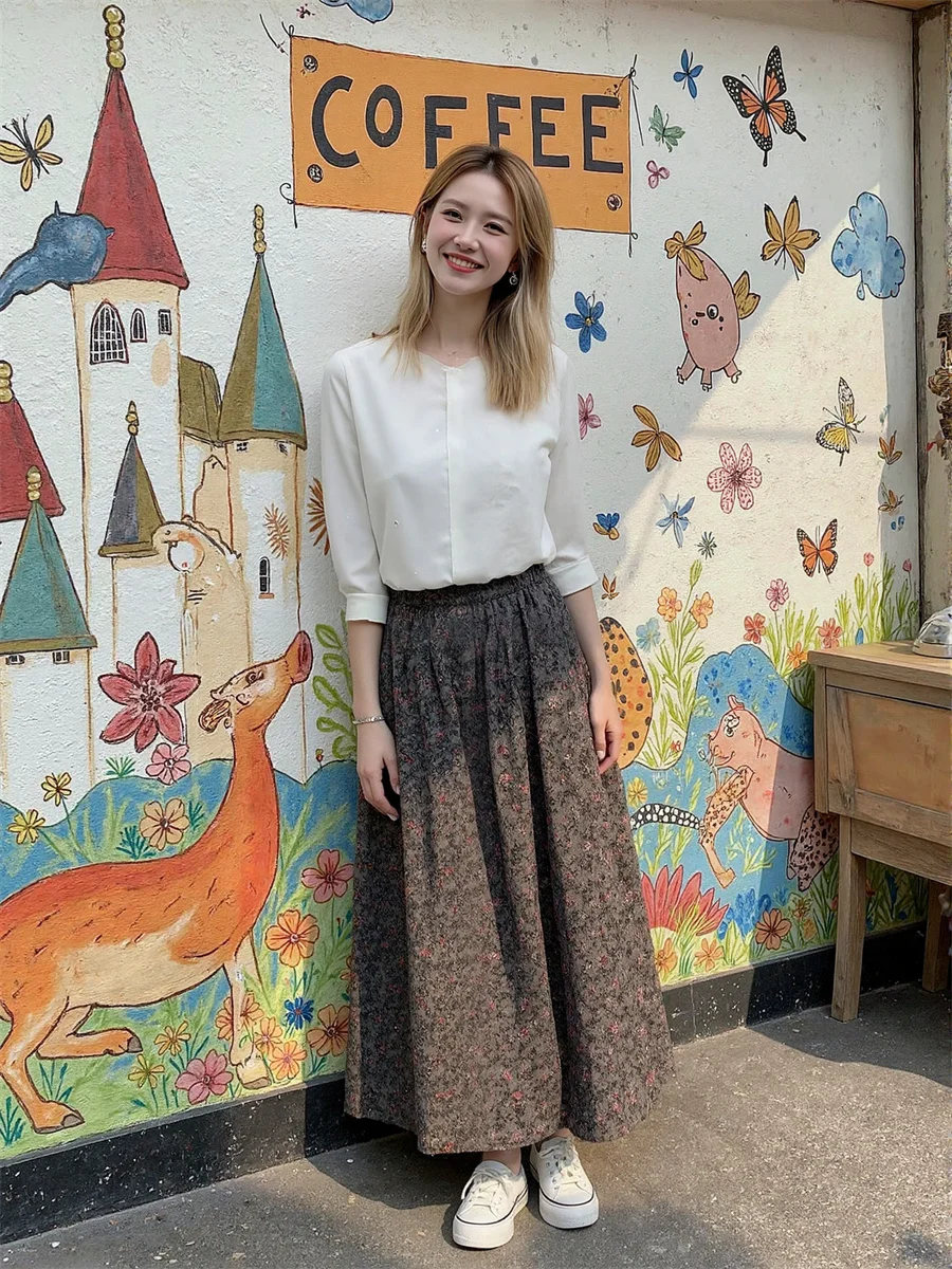 กระโปรงลายดอกไม้สไตล์มิดิสำหรับผู้หญิง แต่งระบายจีบ ผ้าต่อลูกไม้ แต่งเชือกผูก ดีไซน์ศิลปะทันสมัยเก๋ไก๋ แต่งผ้าตาข่ายซ้อนชั้น ดีไซน์หวาน