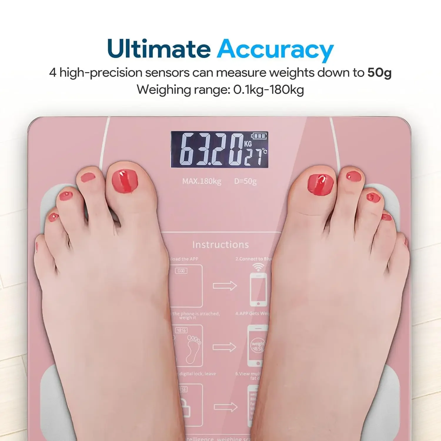 Digital Simple and Practical Body Fat Scale with Smartphone App, Bathroom Scale with Led Display, Provides Body