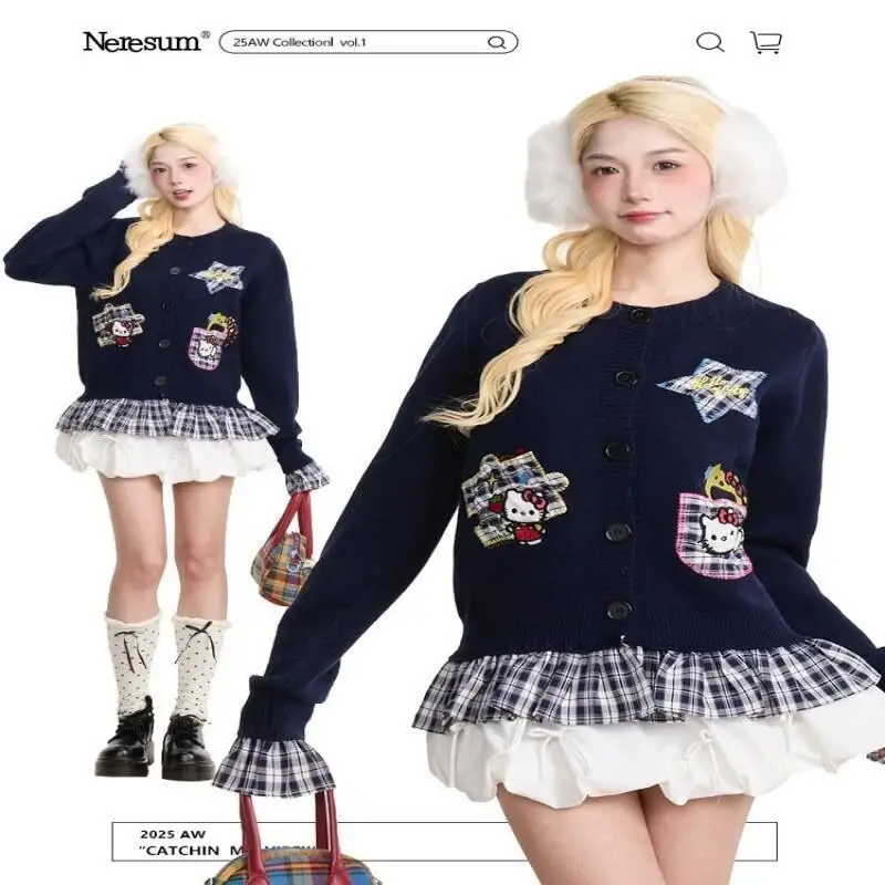 

Kawaii Anime Fashion Casual Plaid Patchwork Kitty Cat Fake Two Piece Sweater for Women Sanrio Hello kitty Suit Pants Sets Lady