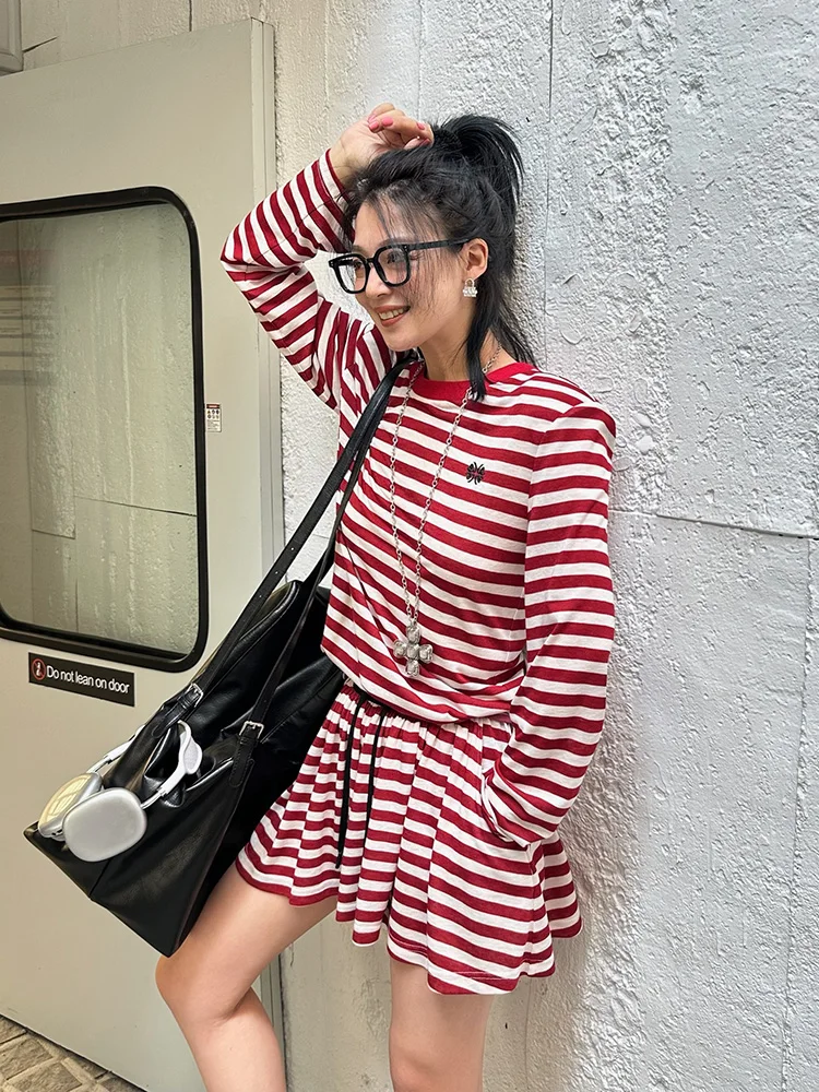 

Новинка 2025: Повседневный летний комплект LEDIM WANG в американском морском стиле — свободная футболка с длинным рукавом в полоску и шорты