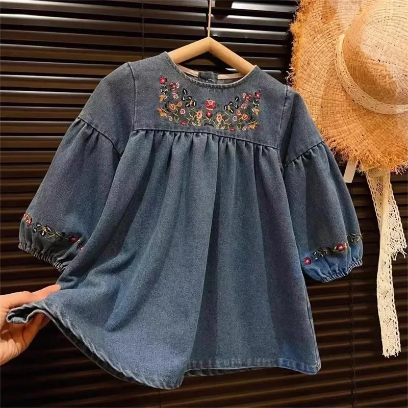 2024 Spring Autumn Skirt Fashion New Korean Girls Cowboy Embroidered Long Sleeve Dress Girls Casual Cowboy Skirt