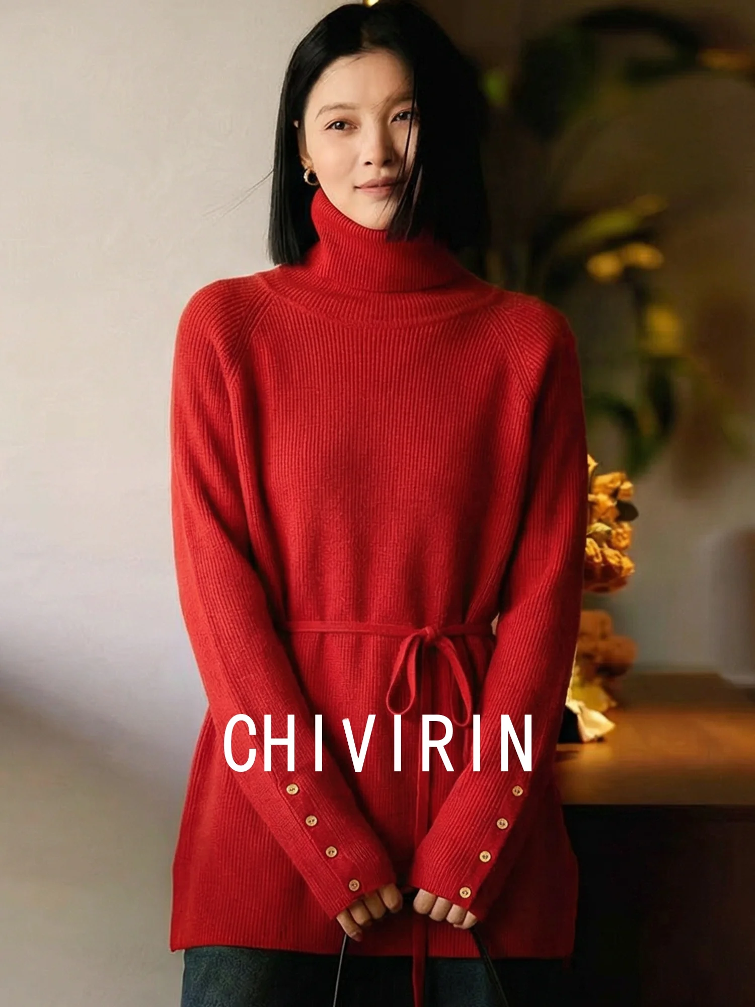 

Красный вязаный свитер Ele с высоким воротником и длинными рукавами, женский, класса люкс, весна-осень, новинка, Chivirin, премиум-качество, шерстяная смесь