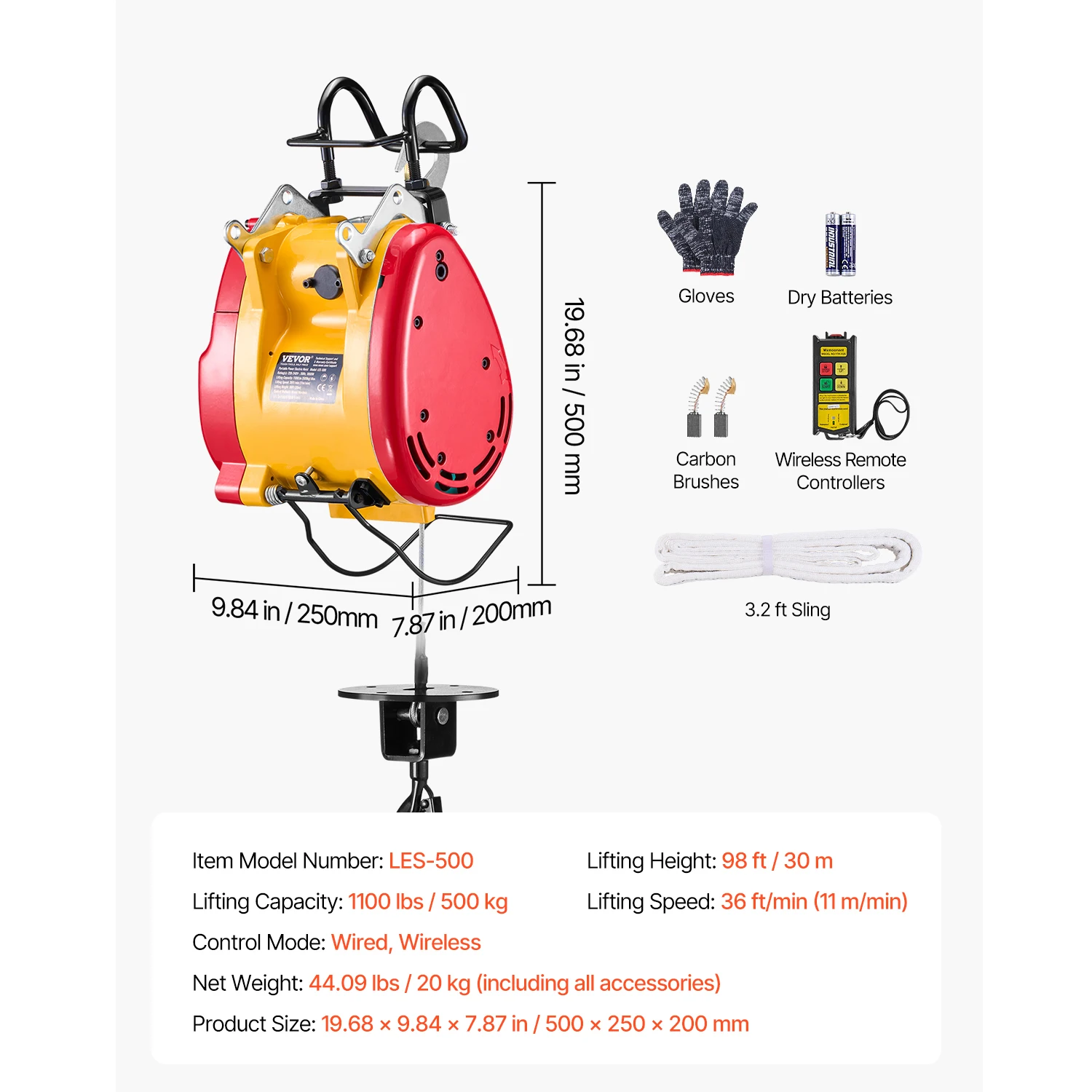 SucceBuy 2-in-1 elektrische takel 1100 lbs 1800 W bedrade/draadloze draagbare krachtige lier 98 ft hefhoogte voor garagegabrieksslepen