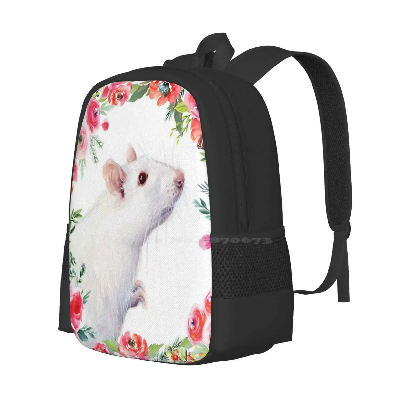 White Rat And Red Flowers Watercolor Floral Animal Fashion Pattern Design Travel Laptop School Backpack Bag White Rat Floral