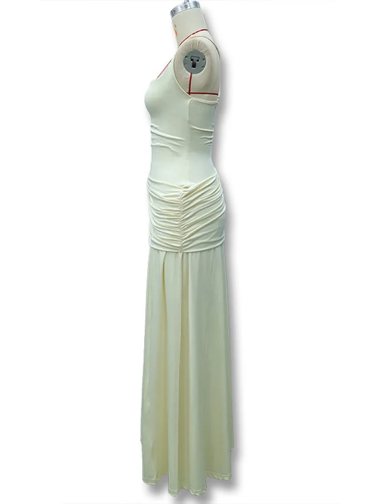 Rückenfreies Taillenschnürendes Slip-Kleid für Damen Sexy Tief Ausgeschnittenes Ärmelloses Plissiertes Schlankes Party-Abendkleid Schickes Damenkleid Neu – Detail 4