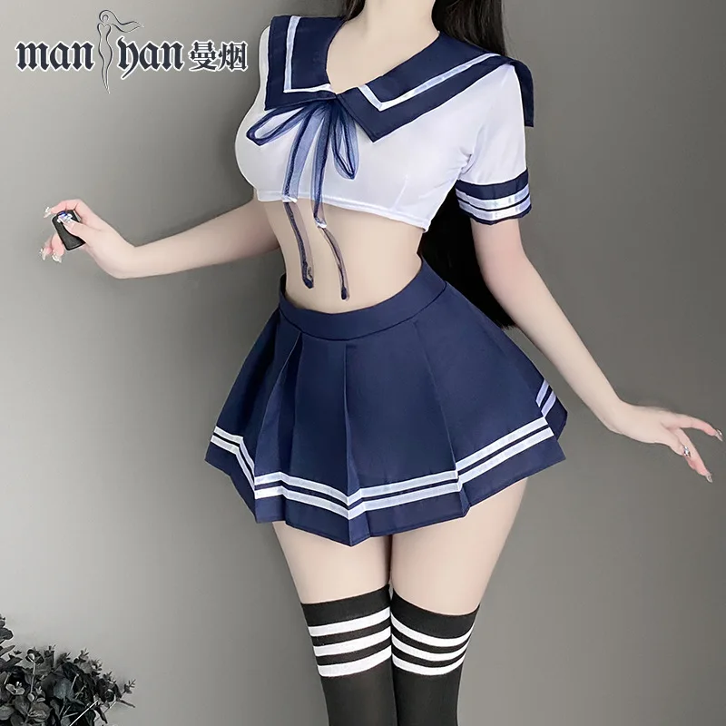 Cute Campus School Girl Japanese Cosplay Costumes Sexy Lingerie Student Uniform Set with Miniskirt Cheerleader Sailor Temptation