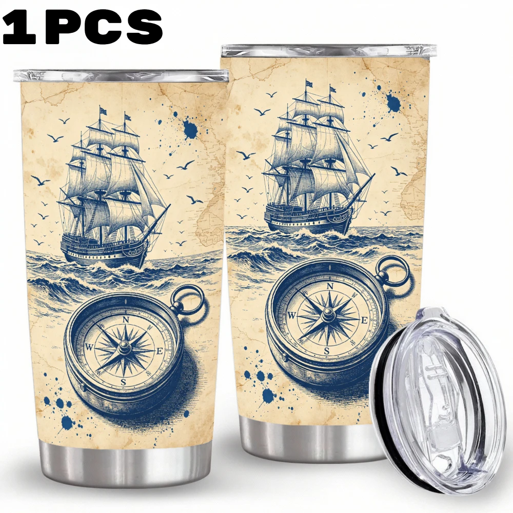 20oz Vintage Sailing Ship Compass Printed Stainless Steel Tumbler with Lid and Straw, Nautical Ocean Sailor Vacuum Insulated Travel Mug