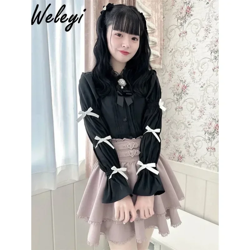 Sweet Autumn Japanese Girl Shirt Winter Kawaii Women Long Sleeve Bow Three Section Sleeves Stand Up Neck Bottoming Blouse Female