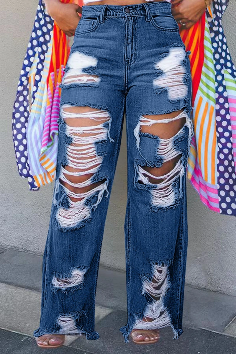 

STYLISH LADY Ripped Denim Jeans 2025 Autumn Women Midi Waist Casual Loose Hole Blue Club Street Jeans Pants