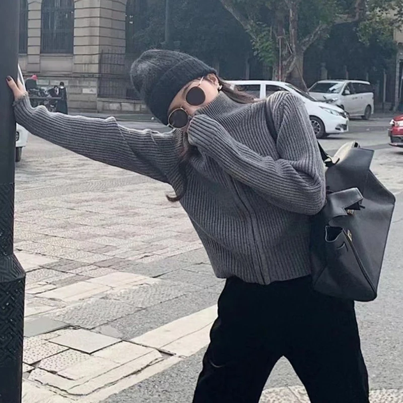 Solid Vintage ถักเสื้อสเวตเตอร์ถักผู้หญิงซิปหลวมสบายๆลมขี้เกียจฤดูใบไม้ร่วงฤดูหนาวเสื้อกันหนาวเกาหลีแขนยาวเสื้อใหม่