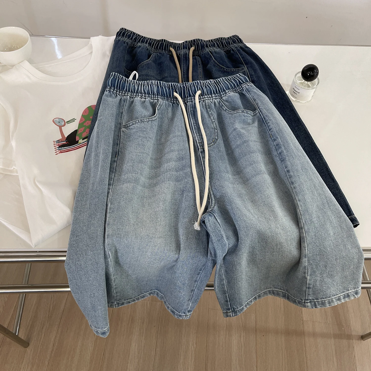 Jean en Denim délavé rétro pour femmes, ample, confortable, épissage élastique, taille haute, short décontracté, polyvalent, jambes larges, demi-pantalon