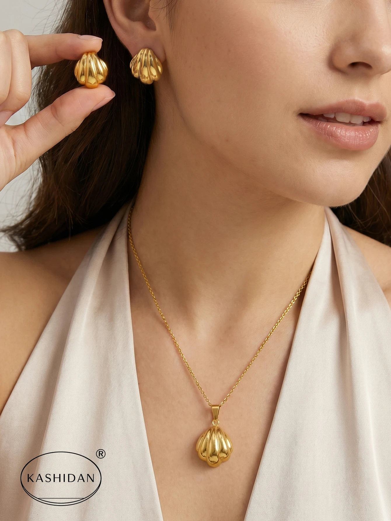 Fashion Stainless Steel Jewelry Set for Women Romantic Scallop Shell Pendant Necklace Textured Sea Stud Earrings Bijoux