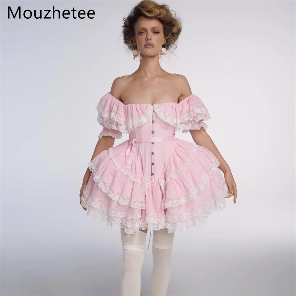 

Mouzhetee Sweet A-Line Pink Lace Off The Shoulder Dresses Formal Party Gowns for Women Elegant Pleat Prom Gown Customized 2026