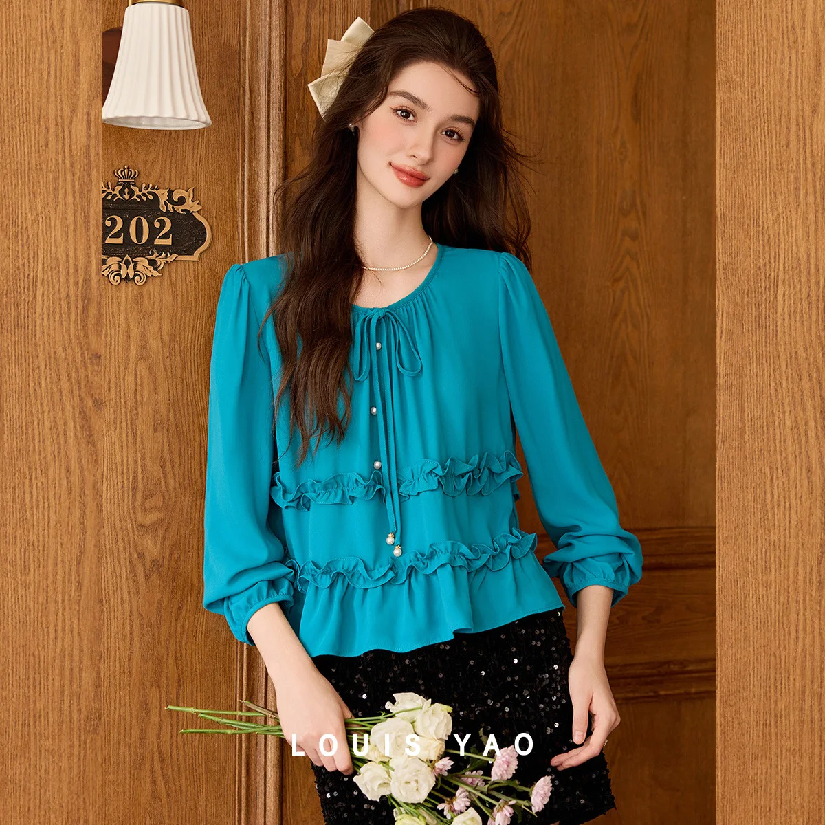 

Retro Lace-up Women's Shirt 2025 Autumn Flounced edge Elegant Blouses Long Sleeve Shirt Solid Colour Women Tops Chic Wear