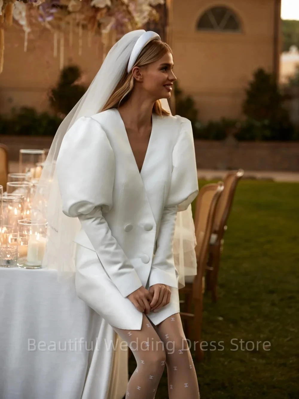 Classic V-neck Long Sleeve Wedding Dress Simple Button Bride Robe Sexy Elegant Mini Satin Bridal Gown Robe Vestidos De Novia