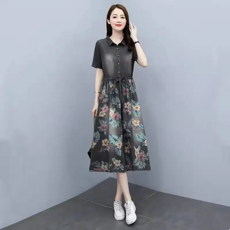 Denim Dress Women's Summer 2022 New Fashion Korean Grace Waist Flowers Thin Shirt Dress Leisure Clothes Harajuku Dress