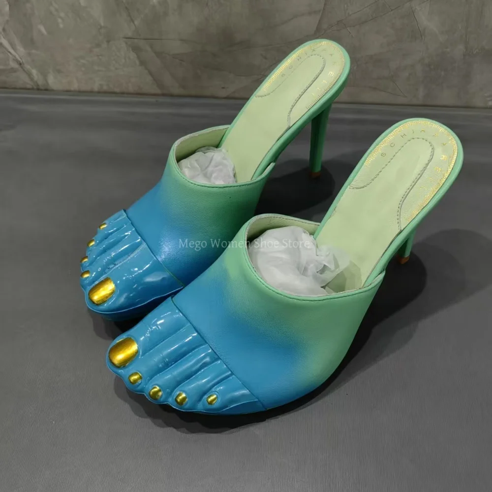 

Golden Fingernails Gradient Blue Green Half Shoes Women Stiletto High Heels Genuine Leather Slippers Fashion High-End Shoes