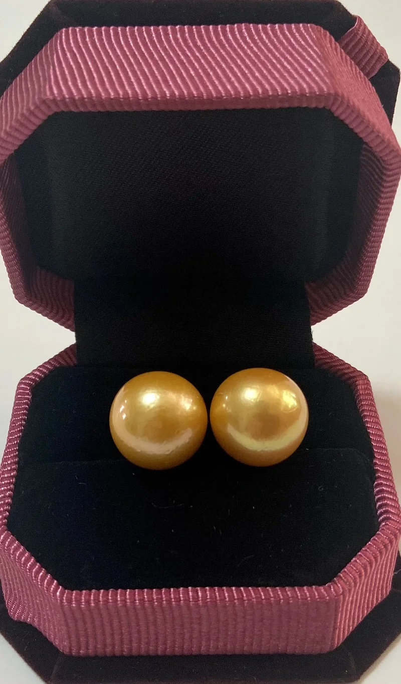 Fashion Jewelry 14-15mm Round Gold Loose Pearls,Strong Light High Luster,Less Flaw,Fine Quality Beads for Women Stud Earrings